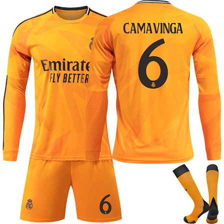 24-25 Real Madrid Udebanefodboldtrøje med Lange Ærmer Børnefodboldsæt