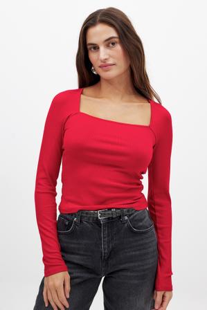 NA-KD Ribbed Square Neck Detail Top - Langærmede t-shirts - Rød - XL (EU 46)
