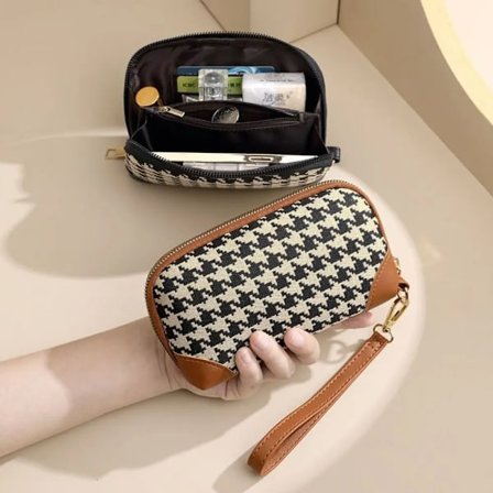 New Houndstooth Women's Long Style Canvas Zipper Wallet Large Capacity Handbag Korean Fashion Car Key Bag Card Bag Coin Purse