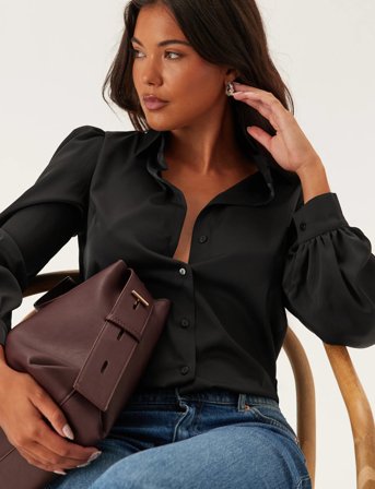 Bubbleroom Puff Sleeve Satin Shirt - Black - 34