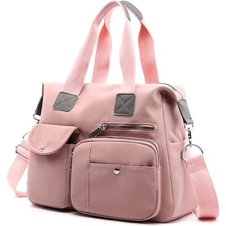 Tote-vesker for kvinner, stilig nylon dameveske, skulderreimveske, håndveske med flere lommer, arbeidsvesker, vannavstøtende reiseveske (rosa)