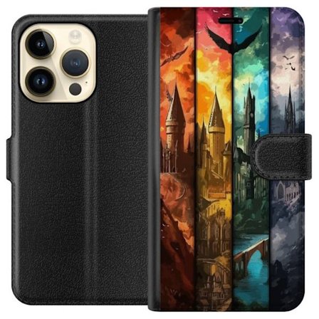 Kompatibel Tegnebogsetui til Apple Apple iPhone 15 Pro Fire magiske slotte i forskellige elementfarver, episk fantasykunst med ild vand luft og mørke