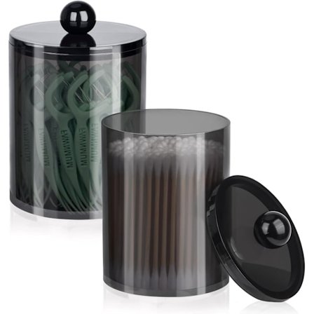 2-pak Qtip Holder Sæt, Sorte Apotekerglas med Låg - Plastikbeholdere til Vatpinde, Vatrondeller & Makeup essentia1s, Badeværelse V