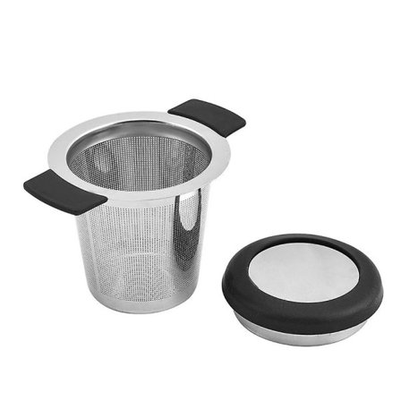 Tefilter i rustfrit stål Te-infusionsapparat Tesil med fine huller Silikonhåndtag og låg (sort)