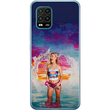 Kompatibelt Mobildeksel til Xiaomi Mi 10 Lite 5G Blond kvinne i fargerik strandantrekk som leker i havet ved solnedgang