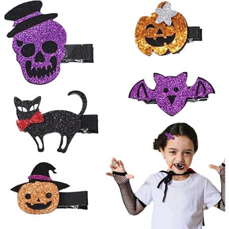 Halloween hårklämmor för flickor - 5 st Halloween glitter dödskalle pumpa fladdermus hårnålar för flickor barn tonåringar presenter