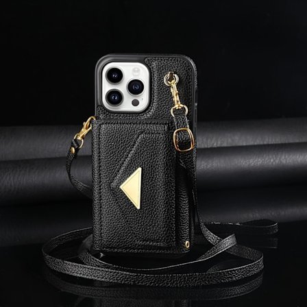 Fodral för iPhone16 svart långt snöre dragspels crossbody korthållare