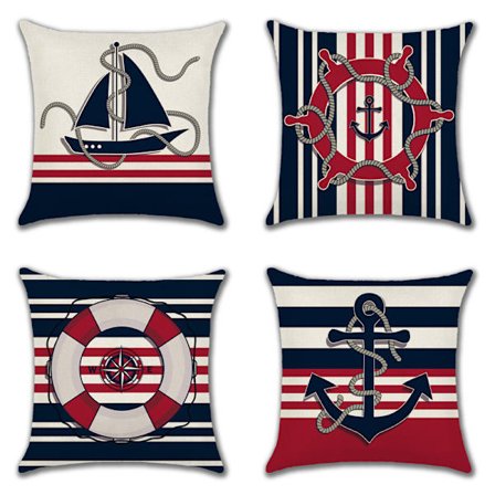 Set med 4 Kuddfodral Sommar Kust Marin Rorkult Anker Båt