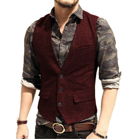 Herre Herringbone Tweed Ull Vest Enkelt Bryst Slank Passform Vest