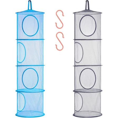 Foldbar hengende mesh plassbesparende vesker arrangør, romslig hengende utstoppet dyreoppbevaring for barn, 2-pakning (4 nivåer-blå og grå)
