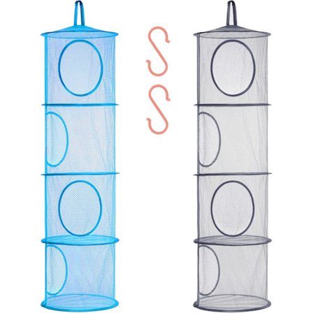 Foldbar hængende mesh pladsbesparende poser arrangør, rumopdelt hængende opbevaring til bamser til børn, 2 pakker (4 niveauer - blå og grå)