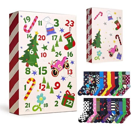24 päivän joulukalenteri joulusukilla, 24 päivän jouluyllätysjoulukalenteri 2026, jossa 24 paria, naisten sukkateemaiset loma-yllätyslahjat