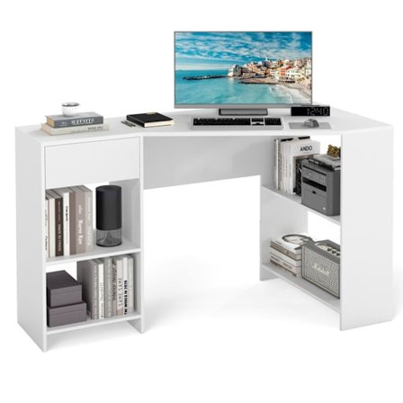 COSTWAY L-muotoinen Kulmapöytä 120 CM Vetolaatikolla ja Varastohyllyillä, Opiskeluun, Etätyöhön, Olohuoneeseen, Valkoinen