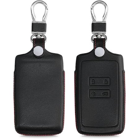 Skal kompatibel med Renault Smart Key 4-knaps (kun Keyless Go) - Sort-rød - Ægte lædernøgleskal med nøglering