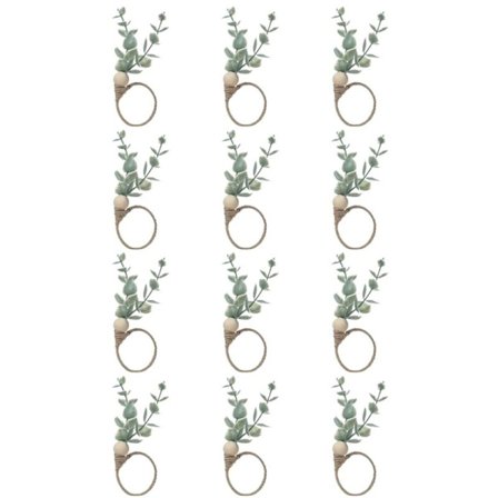 Sarjan 12 eukalyptuspuusta valmistetut lautasliinarenkaat, rustiikkiset boho-lehtipuuhelmet, maalaistalon lautasliinarenkaan pidike