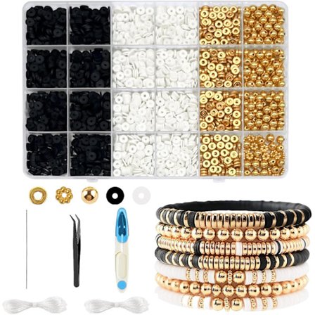 Venskabsarmbåndsfremstillingssæt til kvinder, hvide og sorte lerperler - Guldperler til armbånd og smykkefremstilling, Medium-A6 (Sort og Hvid)