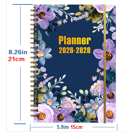 2026–2028 A5 Ugeplanlægger, Engelsk Spiral Kalenderbog, 3-Års Produktivitets Notesbog
