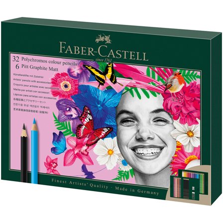 Faber-Castell Polychromos & Pitt Graphite Mat Set 32 Crayons de couleur + 6 Cray