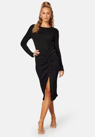 VILA Ribena L/S Slit Midi Dress Black Klær