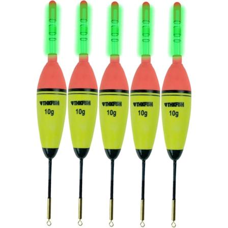 Sæt med 5 fiskebøjer og bøjer 10g + 8 stk. fiske-lys stik