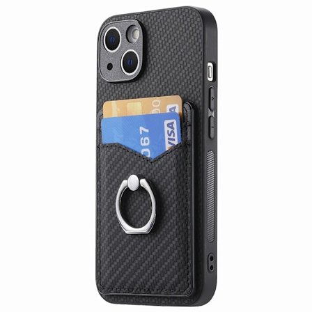 iPhone 15 -korttikotelo + rengas hiilikuituteksturi