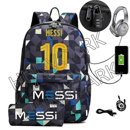 Messi Vandtæt Rygsæk USB Opladning Casual Rejserygsæk Kvinder Mænd Stor Kapacitet Rejse Laptop Rygsæk Skoletasker Blue