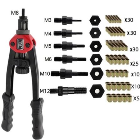 Lever nittetang riveteus BT-605, sæt med 140 nittemøtrikker M3-M10
