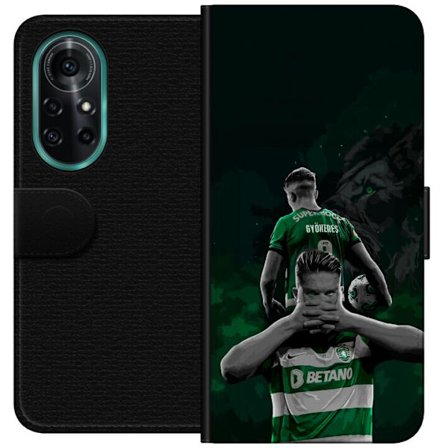 Yhteensopiva Lompakkokotelo Huawei nova 8 Pro Neonmotiivi, jossa teksti "Gaming is in my DNA" sinisenä ja punaisena tiiliseinällä, jossa loistava DNA-