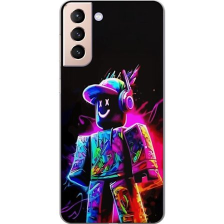 Kompatibelt Mobildeksel til Samsung Galaxy S21 Fargerik Roblox-spiller i neonfarger mot svart bakgrunn i moderne spillstil