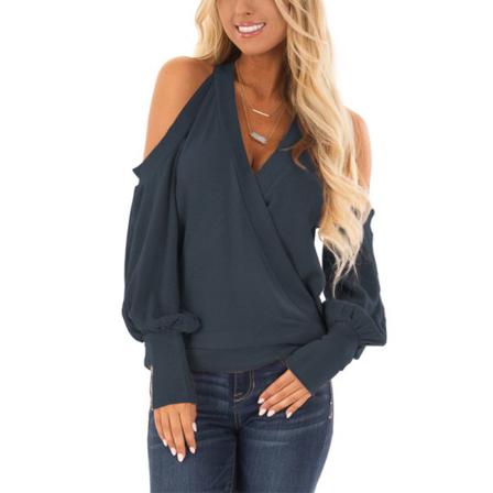 Kvinnor Lantern Ärmar Off Shoulder V Neck Tee Vanlig Tunika Blus