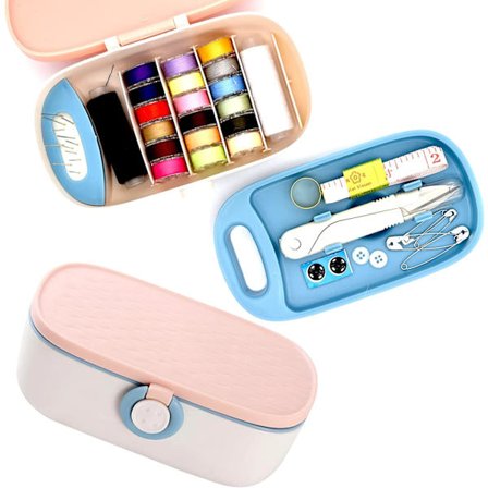 Kannettava ompelulaatikko ompeluneulalla ja langalla (vaaleanpunainen)