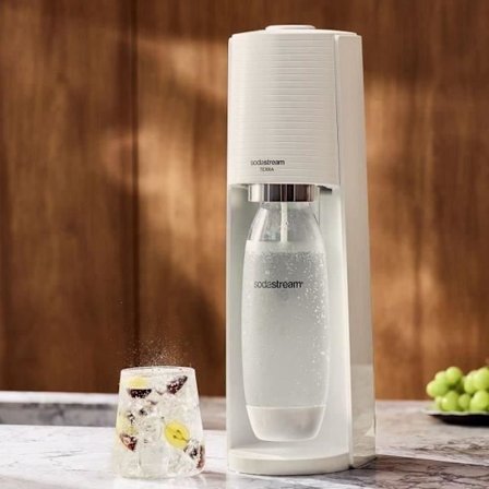 Sodamaskin och kolsyrat vatten SODASTREAM - TERRA Vit - 1 diskmaskinssäker flaska - 1 gaspatron 60L