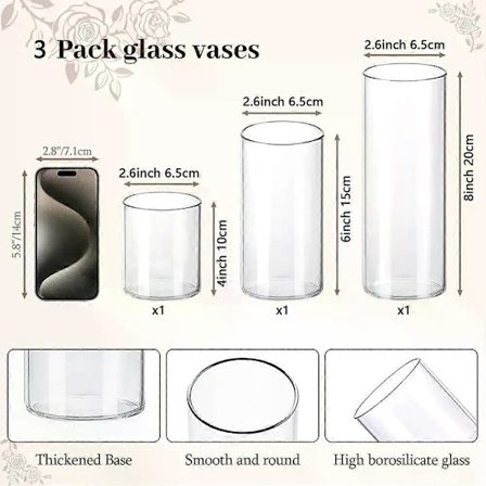 Lasinen sylinterimaljakko, korkeat kirkkaat maljakot pöytäkoristeeksi hääkoristeeksi, kirkas lasinen kukka-maljakko hurrikaani (FMY) 3 kpl