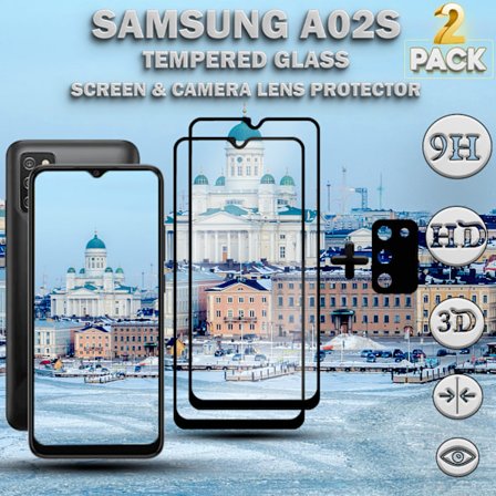 2-Pack SAMSUNG A02S Skærmbeskyttelse & 1-Pack linsebeskyttelse - Hærdet Glas 9H - Super kvalitet 3D