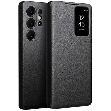 QIALINO Kompatibelt Skal för Samsung Galaxy S25 Ultra Fönster Äkta Läder Flip Telefonfodral Svart