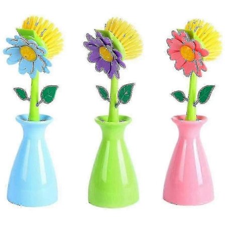 3-pack Köksborstar, Söta Blomformade Diskborste med Långt Handtag, Blå+Grön+Puder-Bra
