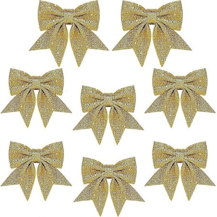 Sett med 8 gullglitterrosetter for juletre- og kransdekorasjoner, 14 cm gullrosetter ideelle for girlandertilbehør