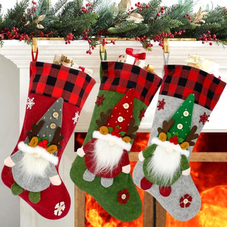 3 st julstrumpor 19 tum med 3D-tomte röd grön grå