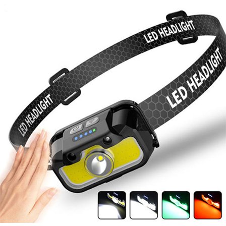 Genopladelig pandelampe, multifunktionel sensor LED-pandelampe, hovedmonteret fiskelygte, justerbar vinkel, bred lyskegle, super lys og ultralet
