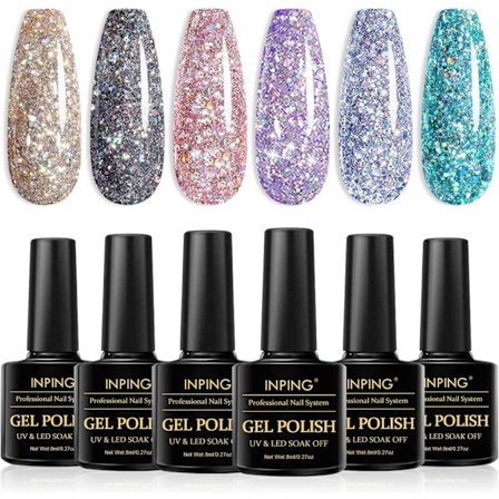 Nail Polish Glitter, 6 Colors Sparkle UV Gel Nail Polish Set,