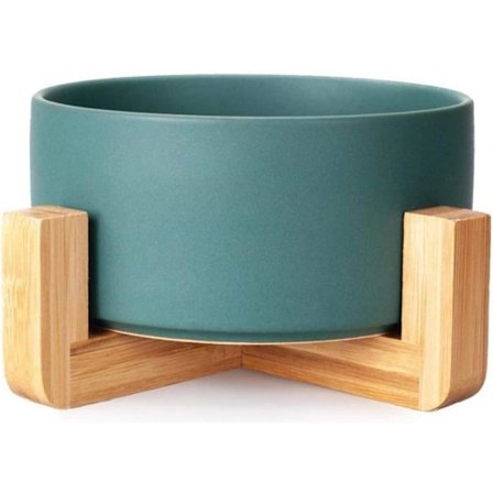 Rund keramisk skål til hund og kat, holdbare keramiske skåle med skridsikker træramme (grøn)