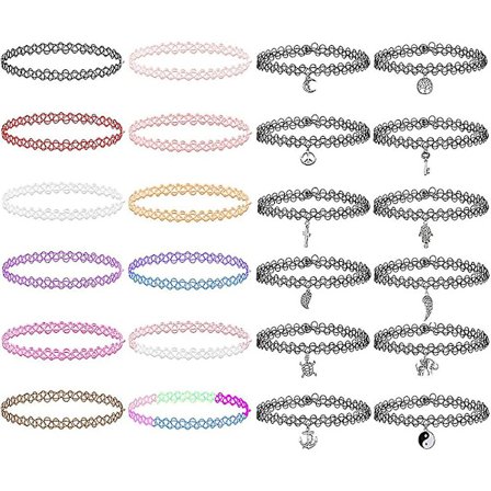 24 stk. Choker Halskæde Sæt, Strækbar Elastisk Pigers Chokers Sæt, Farverig Gave
