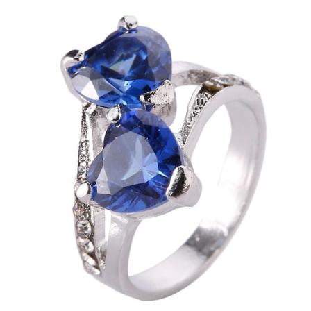 Mode Kvinna Lyxig Kubisk Zirkonia Rhinestone Inlagd Dubbel Kärlek Hjärta Ring Blue US 8