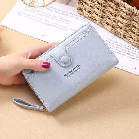 Kvinder pung møntpung Ensfarvet håndledsrem Clutch Mode koreansk stil Lang lynlås Stor kapacitet Light Blue