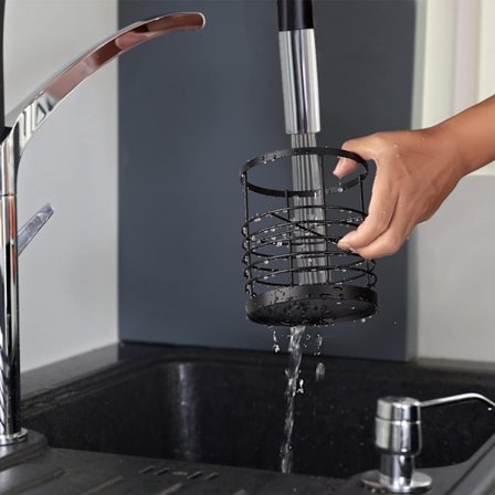 Oppbevaringsboks for kjøkkenutstyr på benken, rund metallskuff for bestikk, bestikkbeholder, matt svart