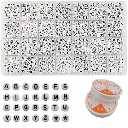 DIY - Helmilajitelma - Kirjainhelmet - 1400kpl + Joustava lanka valkoinen