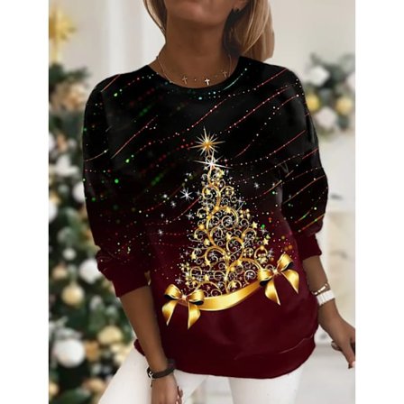 Ny dame T-shirt Juletræsprint T-shirts Toppe Langærmet Casual Toppe Mode Rund Hals Almindelig Pasform Y2K Tøj Til Piger