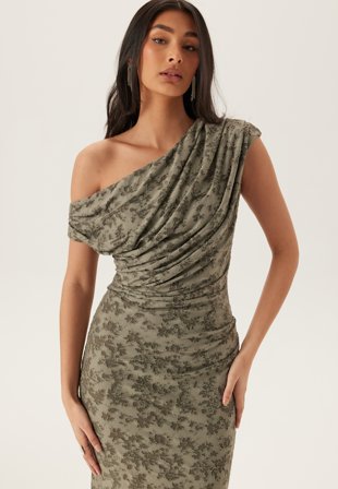 Bubbleroom Occasion - Asymmetric Draped Burnout Maxi Dress - Light khaki green - Kläder