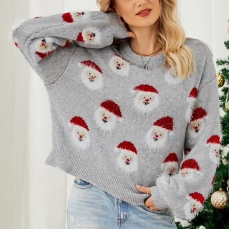 Kvinnor Santa Print Sweater Crew Neck Christmas Stickade Tröjor