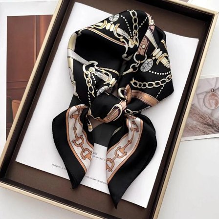 Sort og guld heste-kæde print silketørklæde, firkantet, 27,5 tommer, firkantet tørklæde.